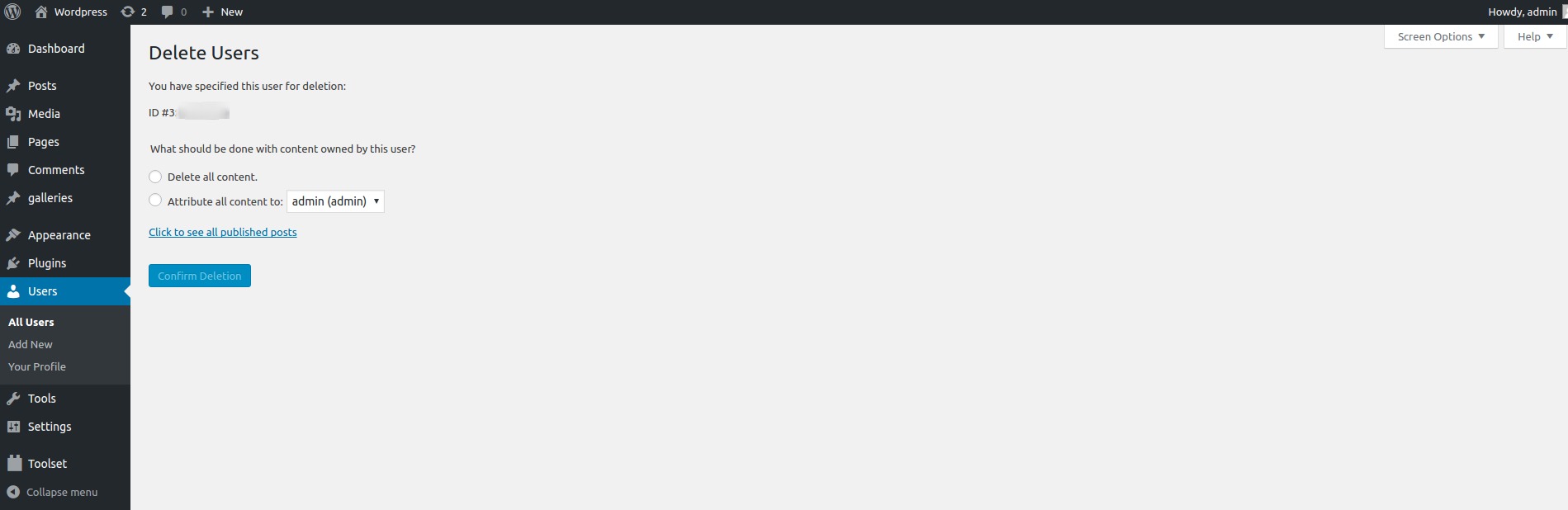 When you will delete any user, it will show you the link to show all published posts by that user. If you will choose to delete the user, all posts will be deleted as well.