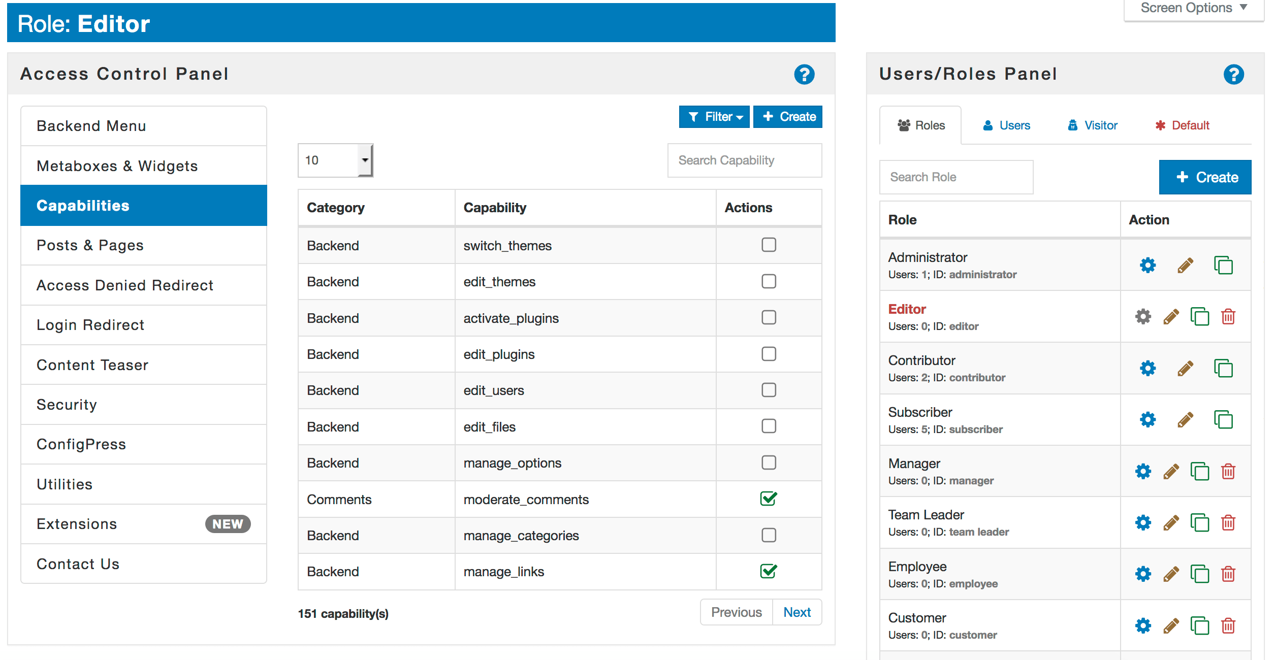 Posts and pages access options form