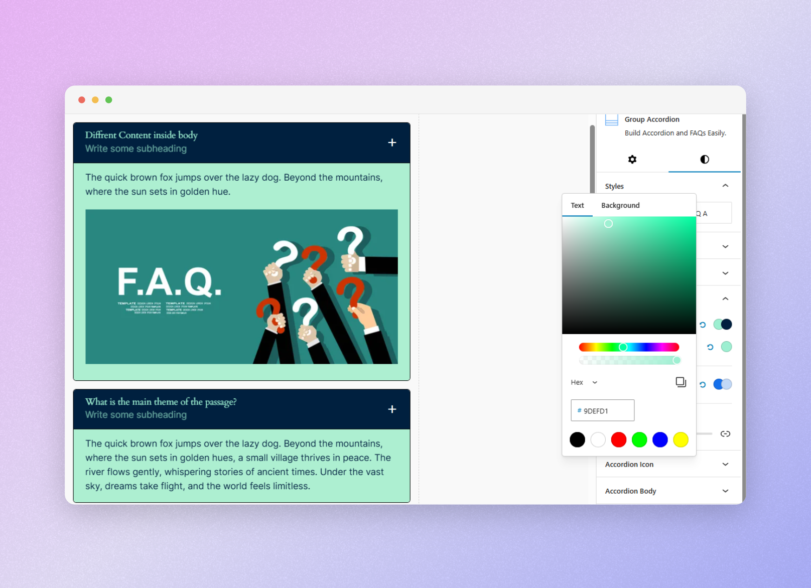 Overview of the Custom Color Picker of single accordion.