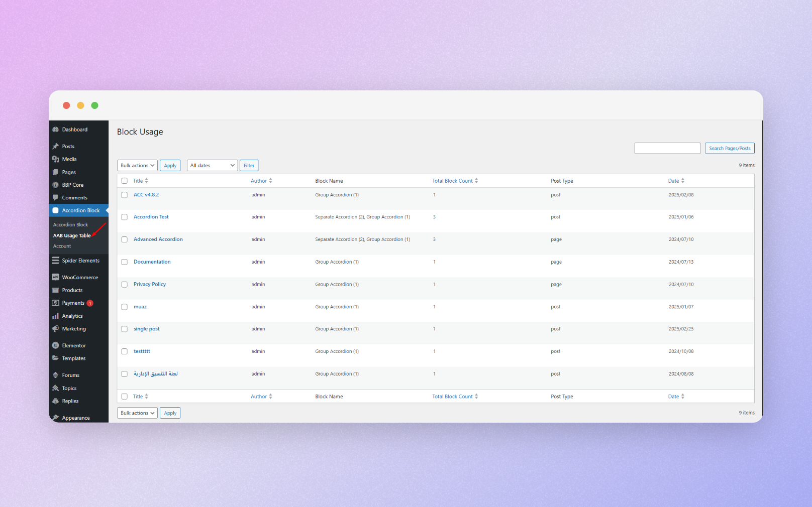 Accordion Usage Table Dashboard on admin panel.