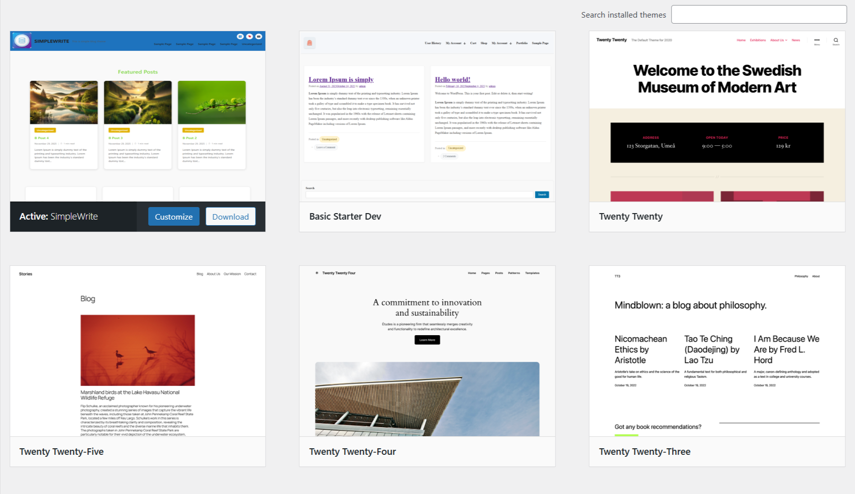 Themes screen with Download button