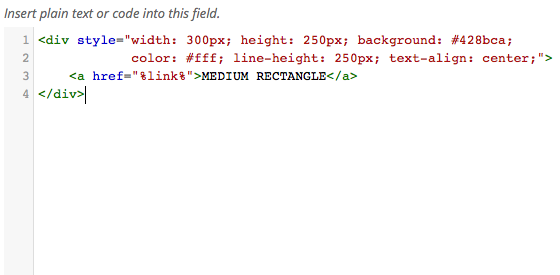 A default ad code with code highlighting after activating this add-on