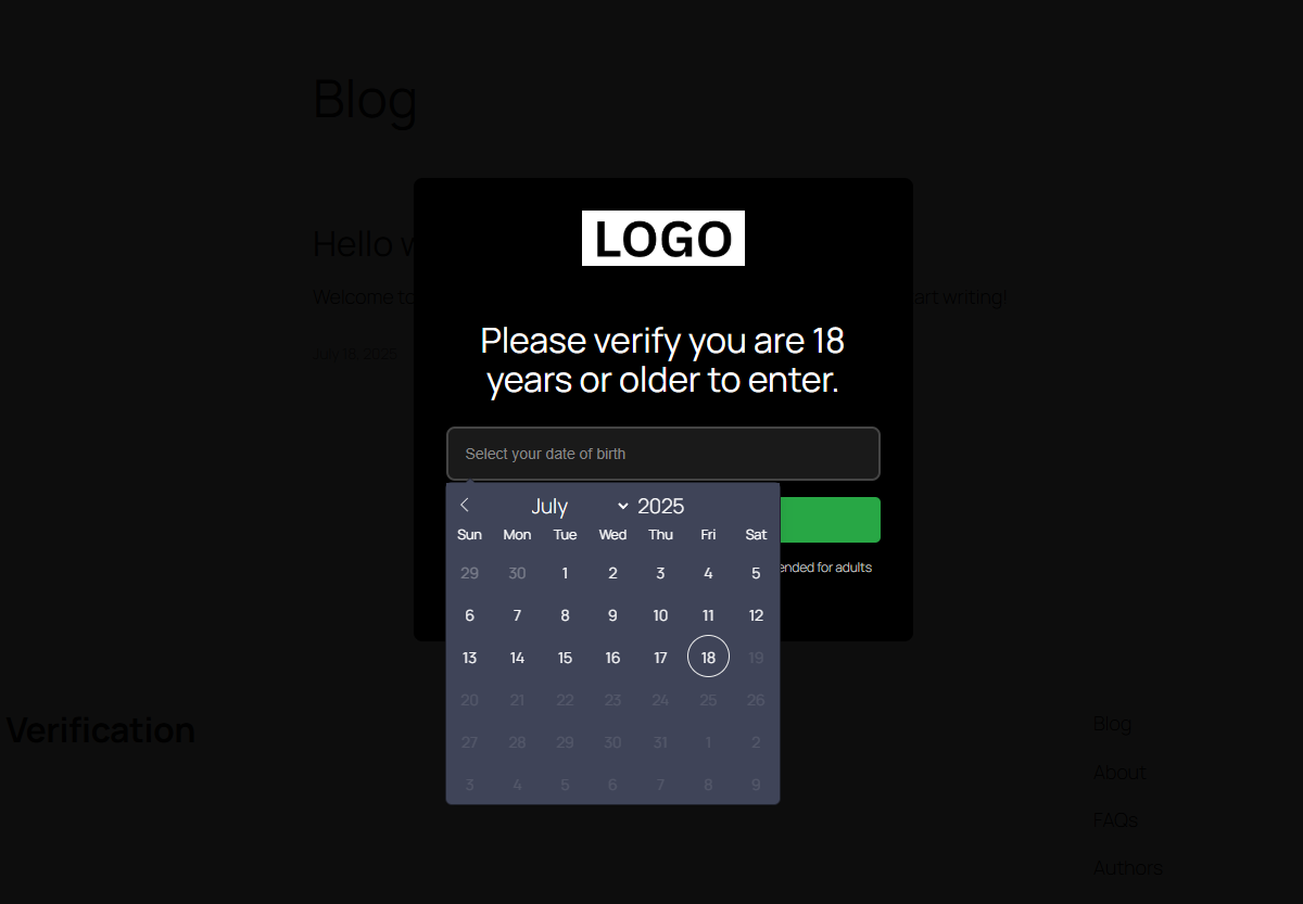 Popup with Date of Birth calendar