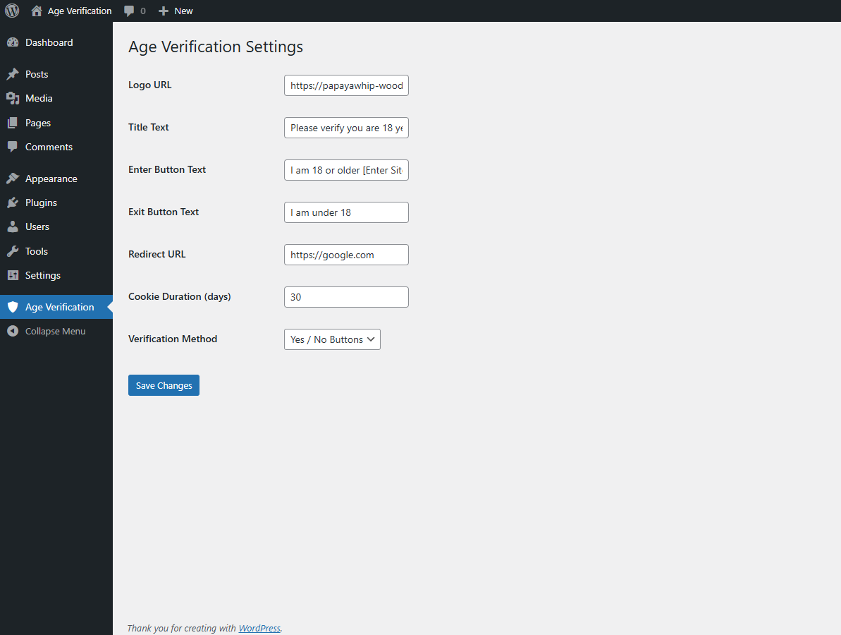 Admin settings page
