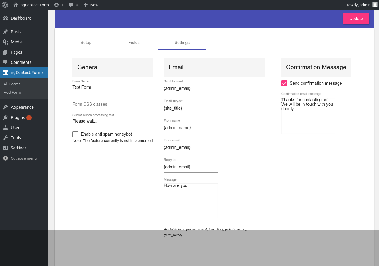 Settings of a form.