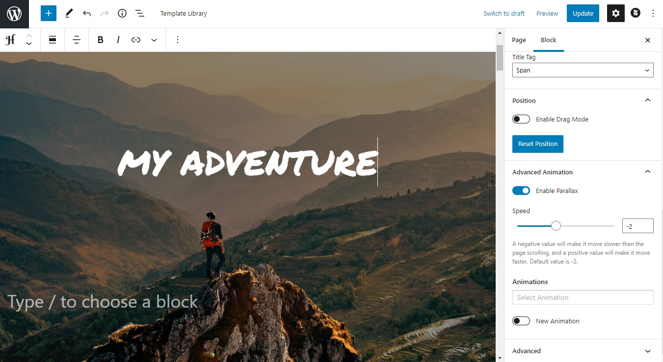 Advanced animation parallax settings