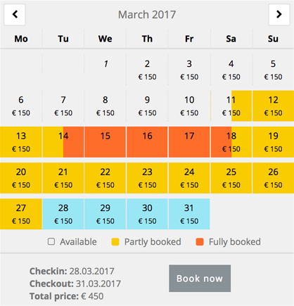 **Single calendar** with date selection and "Book Now"-button