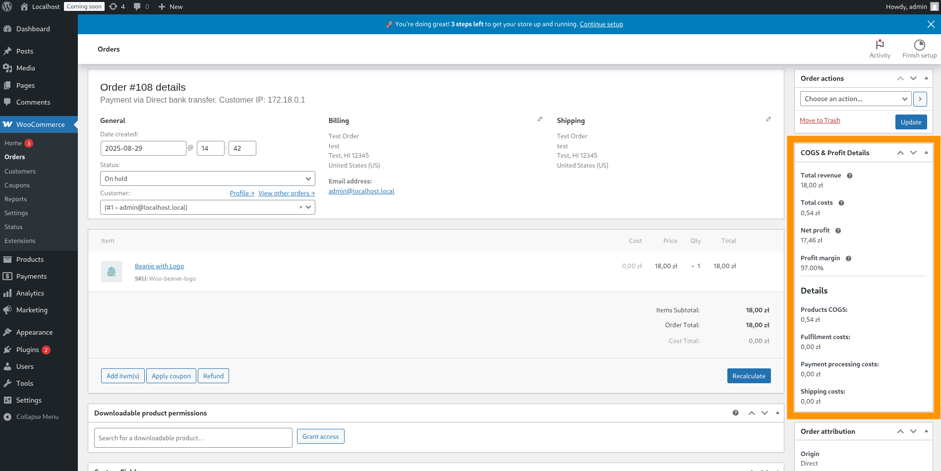 The profit calculation meta box on the order details page.