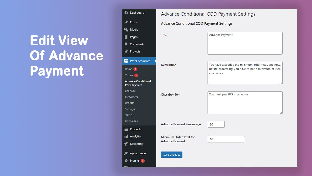 Order confirmation email with advance payment details.