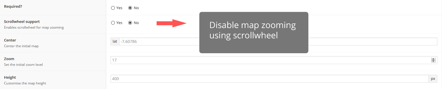 Field options include optional map zooming disabling with mouse scrollwheel.