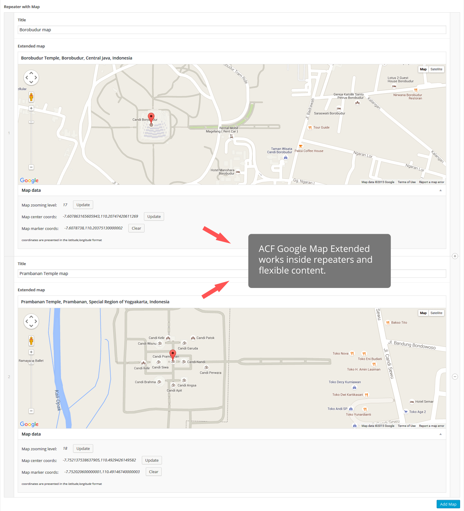 The plugin in action within a repeater field in the backend.