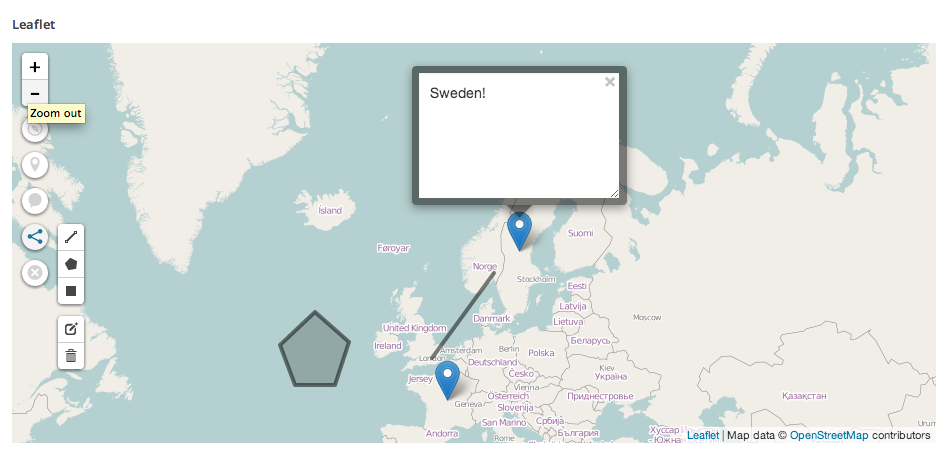 Leaflet field with markers, a popup, a polyline and a polygon.