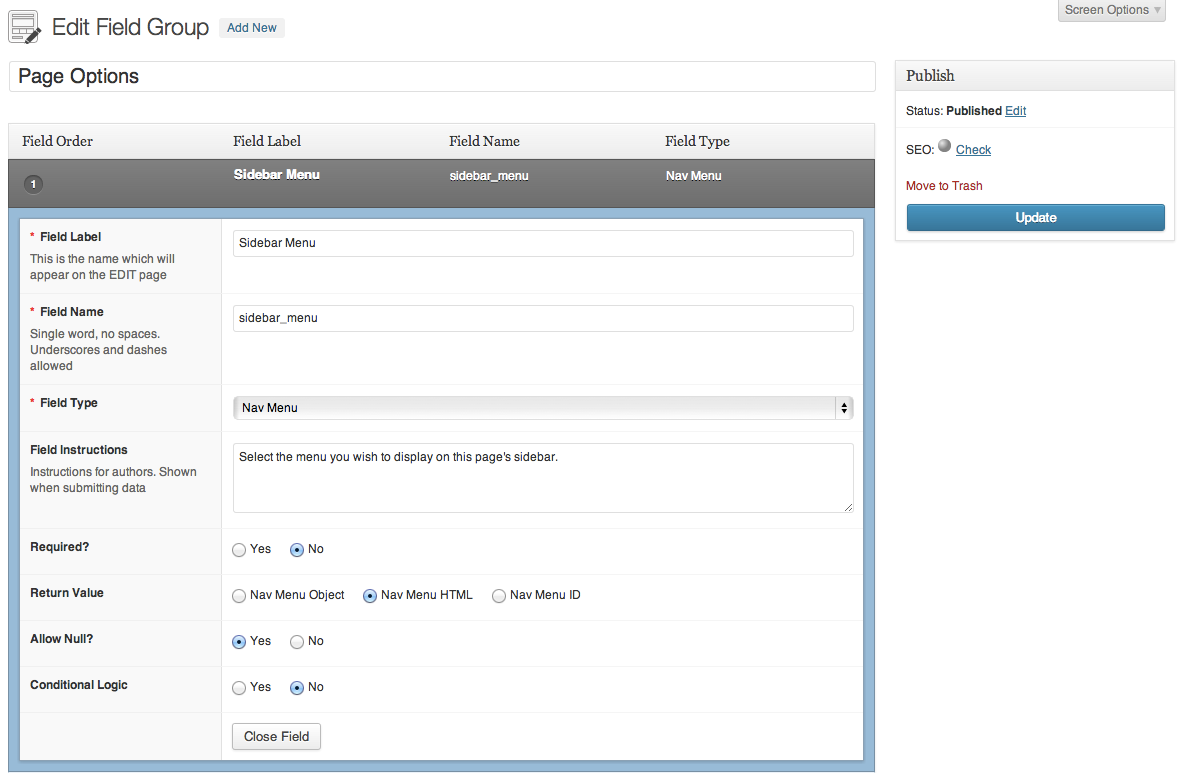 Adding the Nav Menu Field to an Advanced Custom Fields Field Group