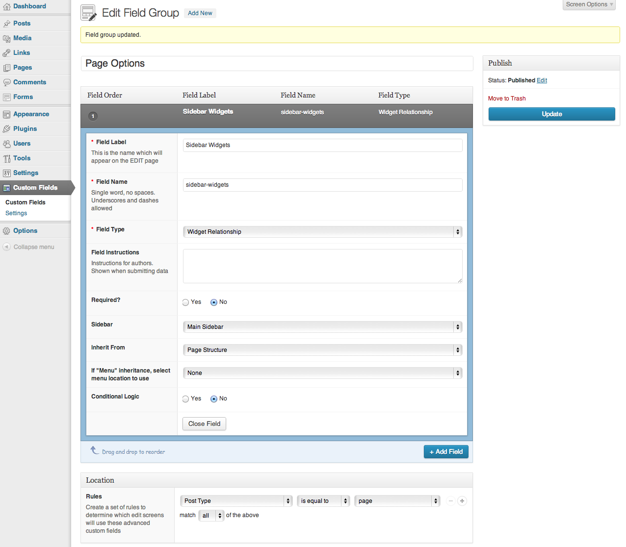 Configuration on ACF settings