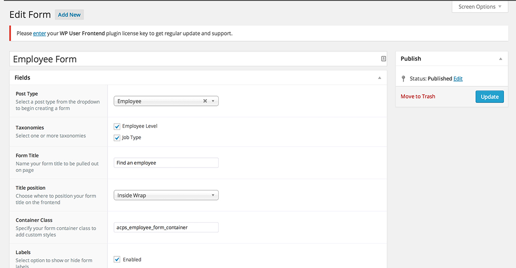 This is an example of how the ‘Form Edit’ page looks and specifically what sort of options you are likely to expect.