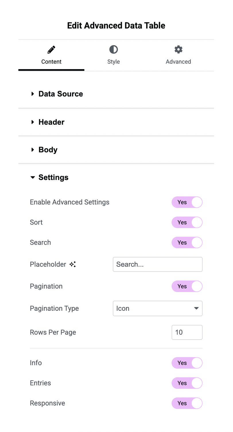 Advanced setting options