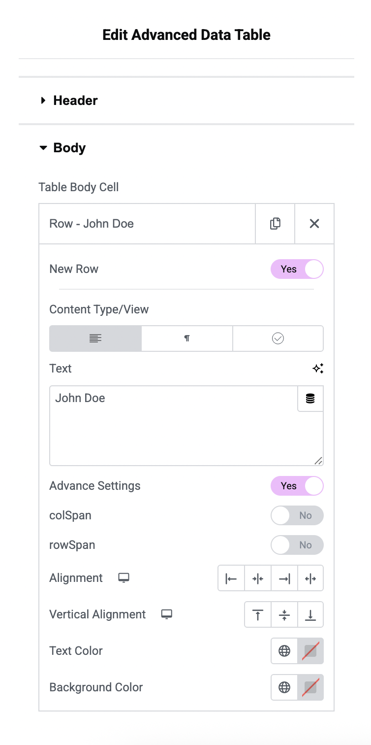 Body setting options