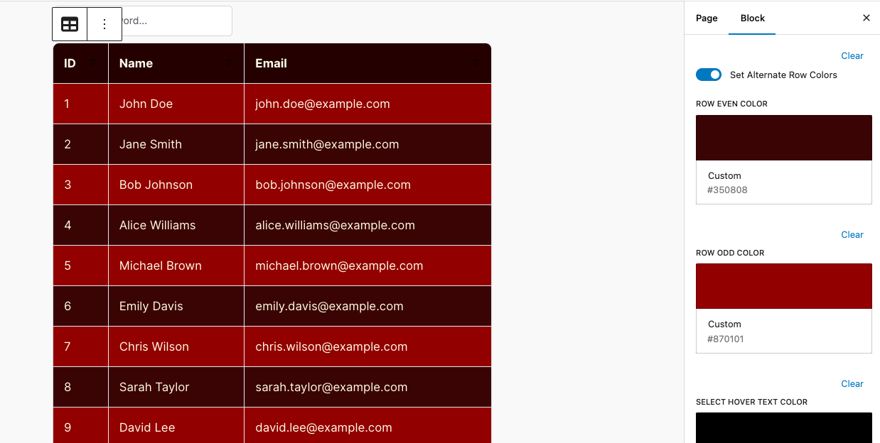 Multi color table output of the Advanced Datatable block plugin on frontend using WordPress's default Twenty Twenty-Four theme.