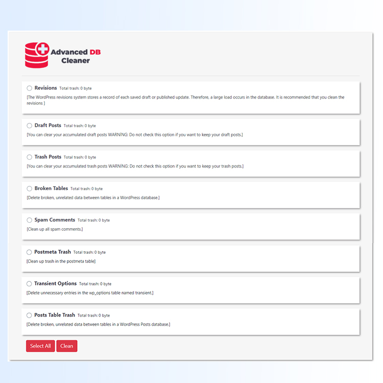 An image from the setting panel of the "Advanced DB Cleaner MK" plug-in.