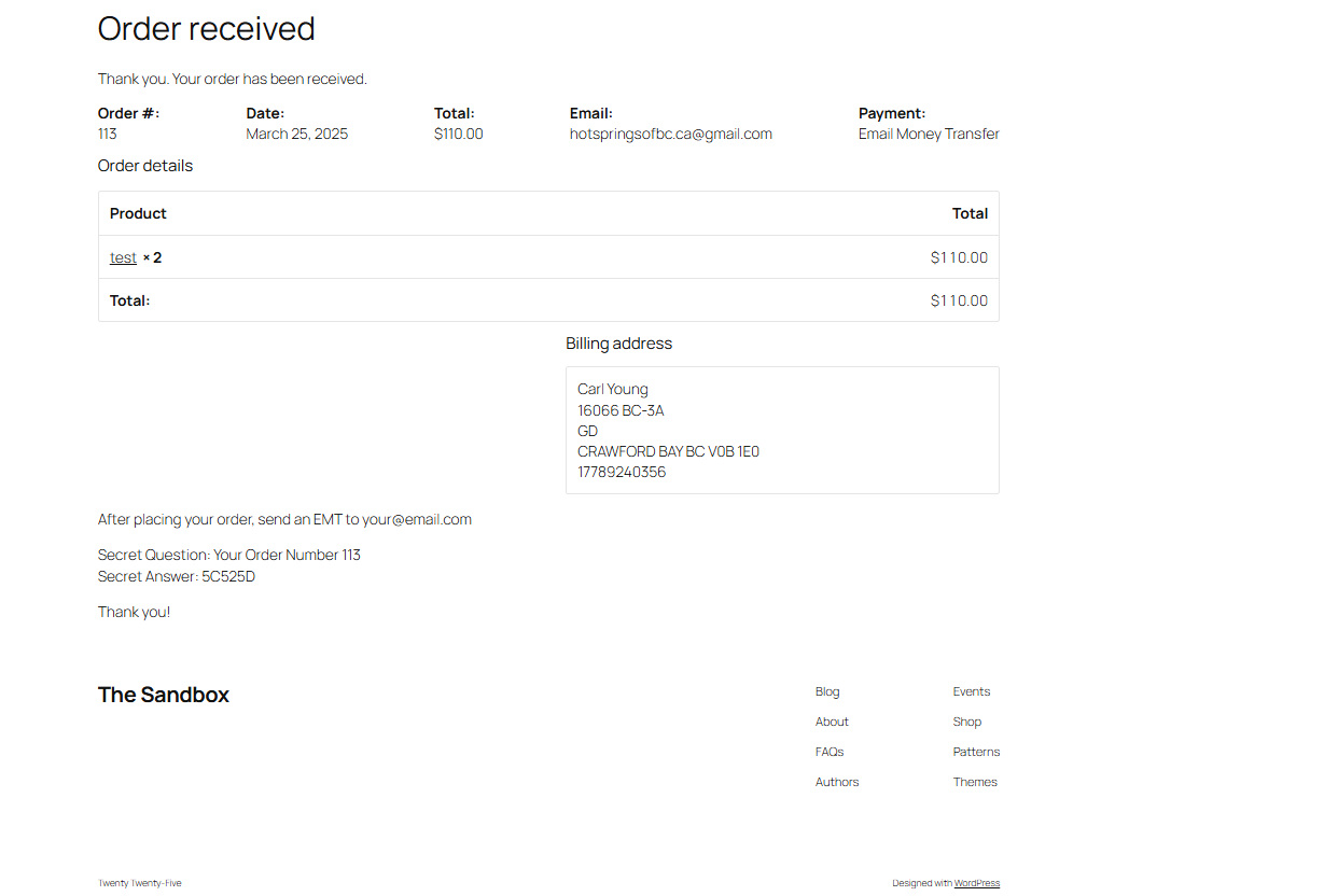 My Account order details with instructions