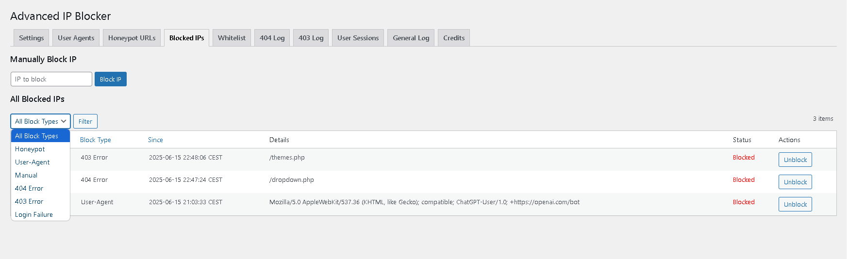 The Honeypot URLs configuration screen.