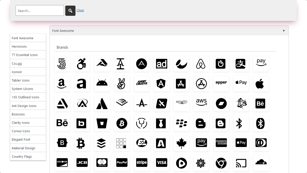 Icons listing on the menu item settings.