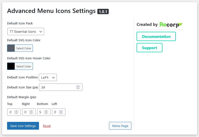 Advanced menu icons page settings.