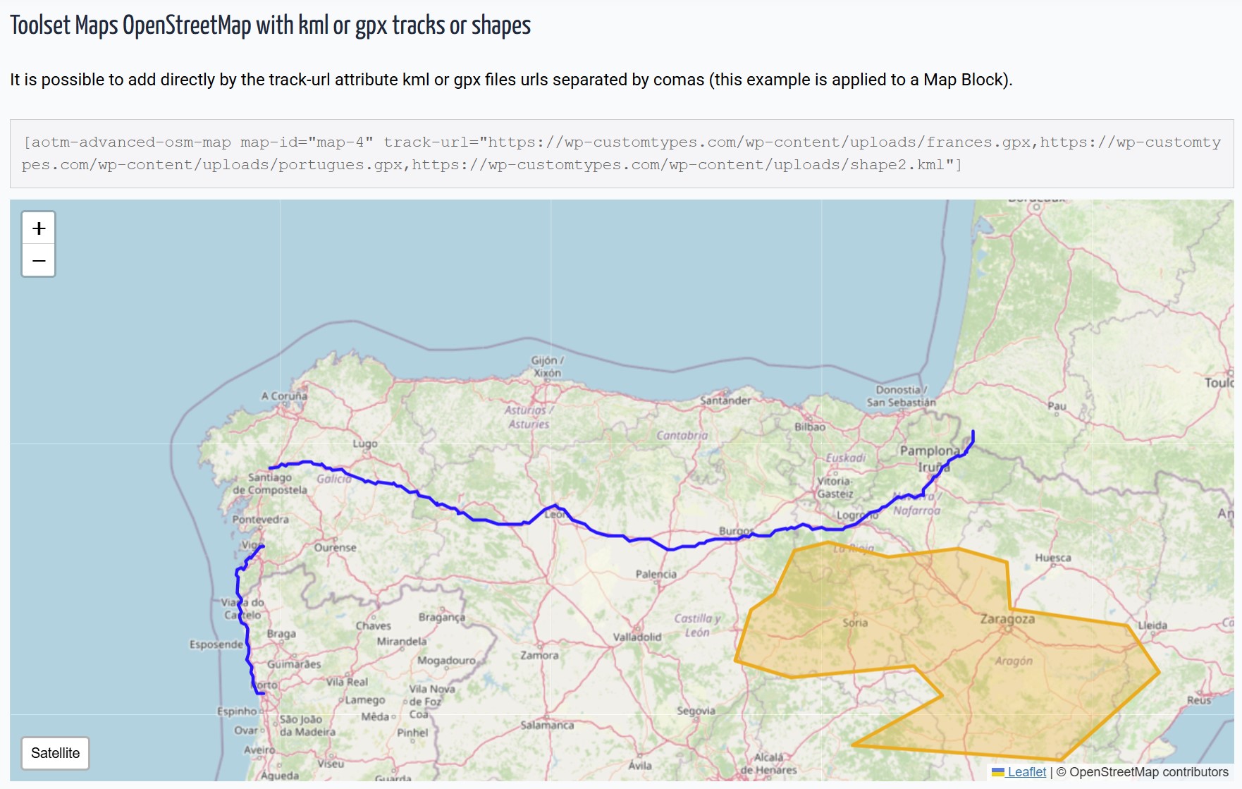 GPX and KML track displayed on a Toolset Map via URL.