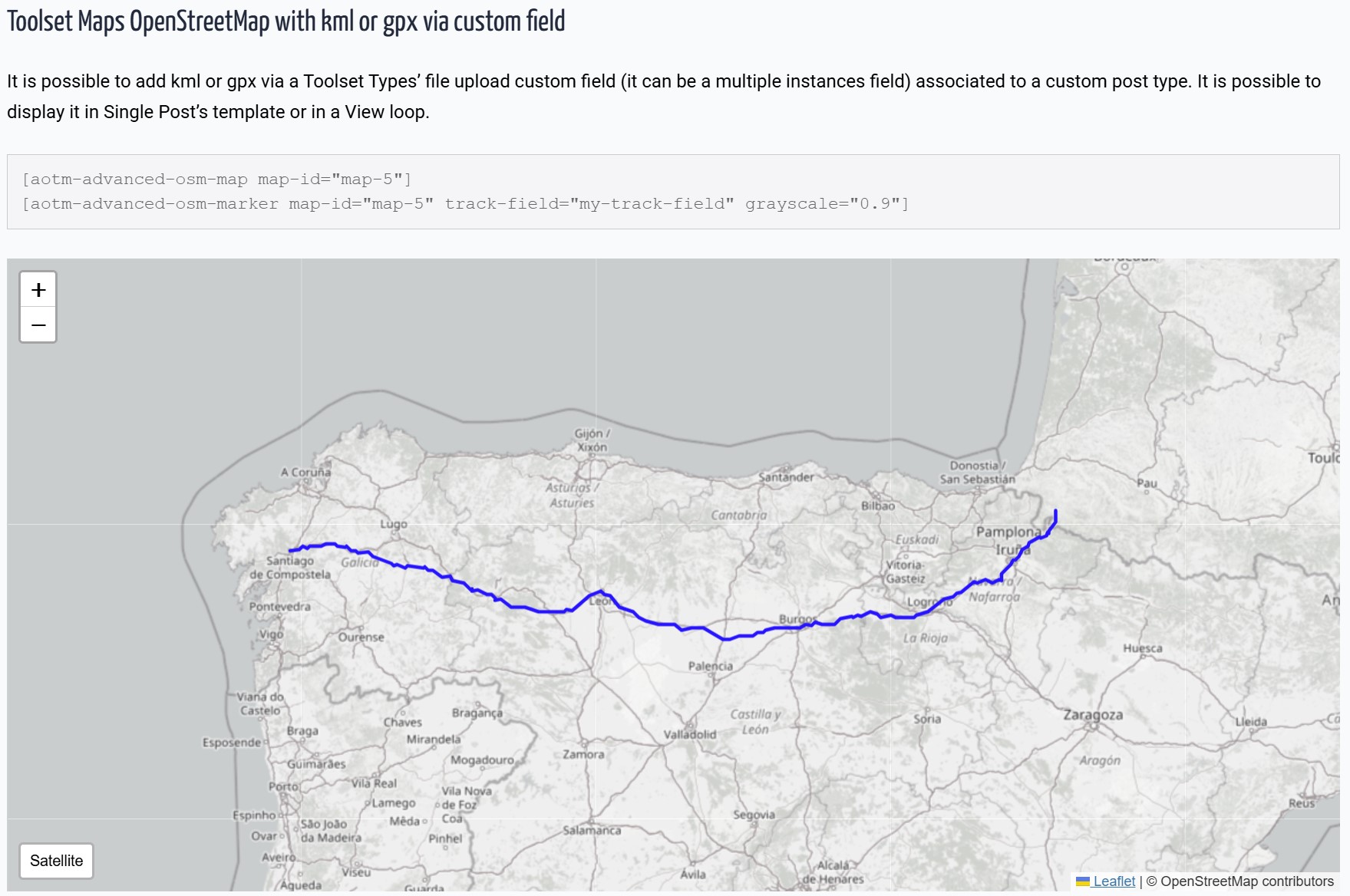GPX and KML track displayed on a Toolset Map via Custom Fields.