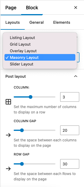 Grid layout preview in backend Gutenberg editor.