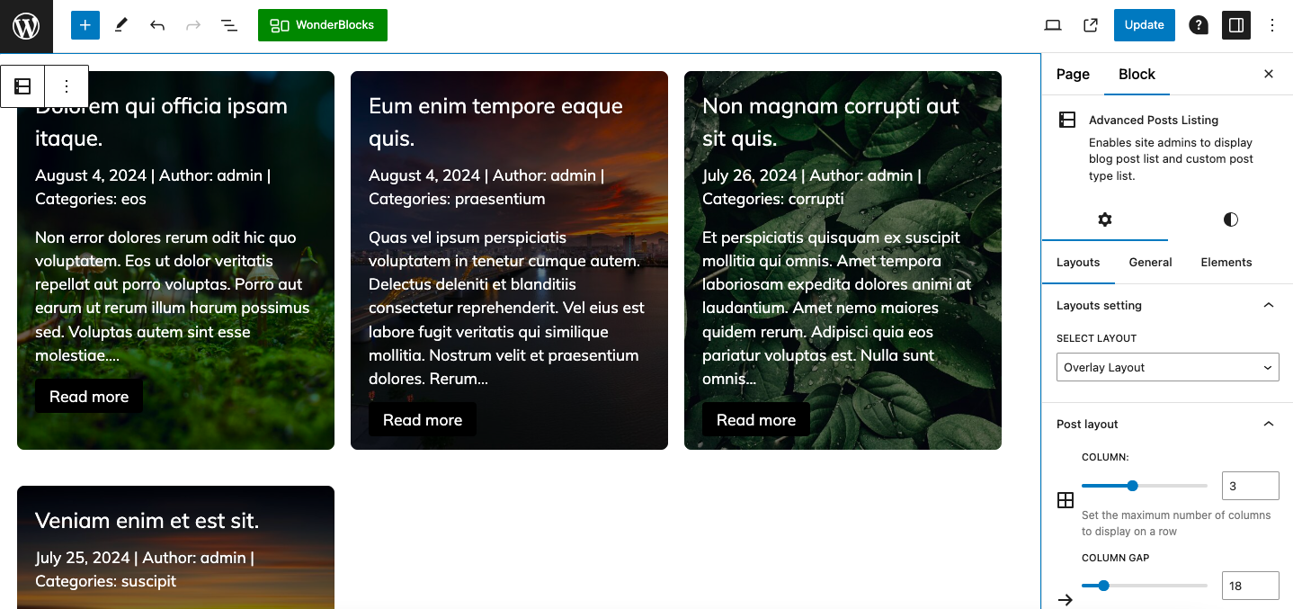Slider layout block output on frontend.