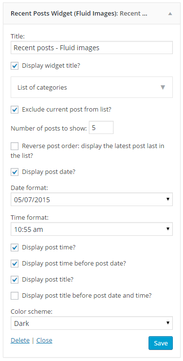 This screenshot shows the settings widget: Recent posts - Fluid images