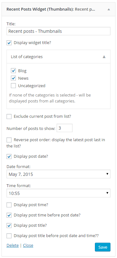 This screenshot shows the settings widget: Recent posts - Thumbnails