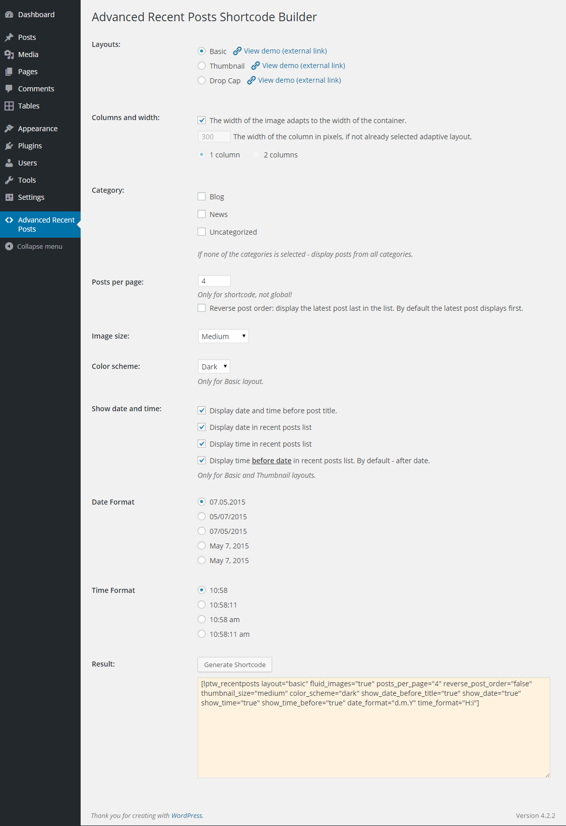 This is shortcode builder window with resulting shortcode
