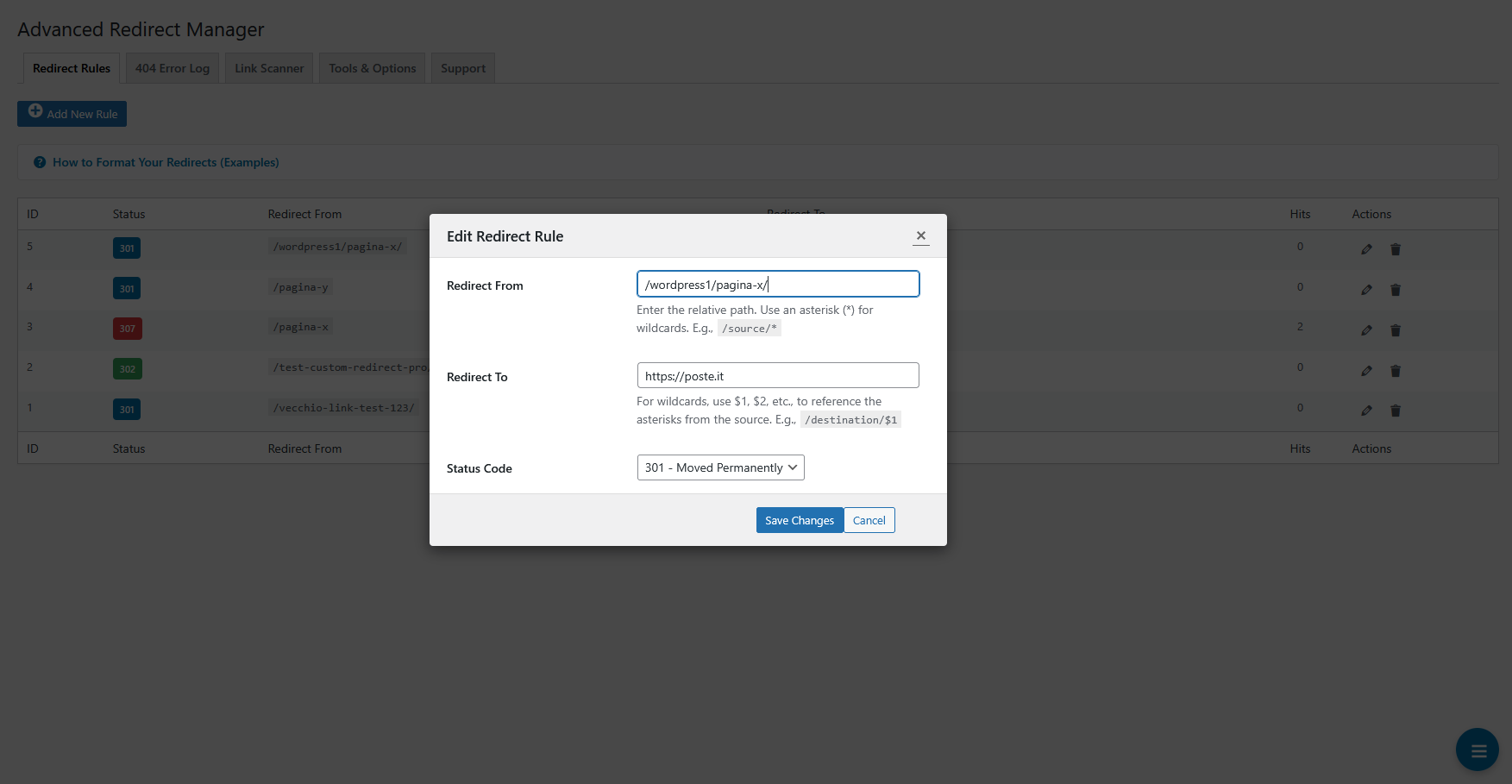 The intuitive modal for adding or editing a redirect rule, with the smart search feature.