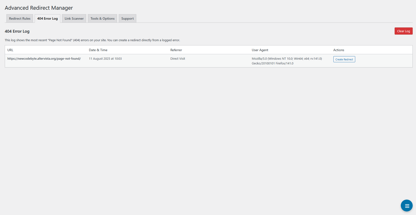 The 404 Error Log, displaying recent errors with one-click actions.