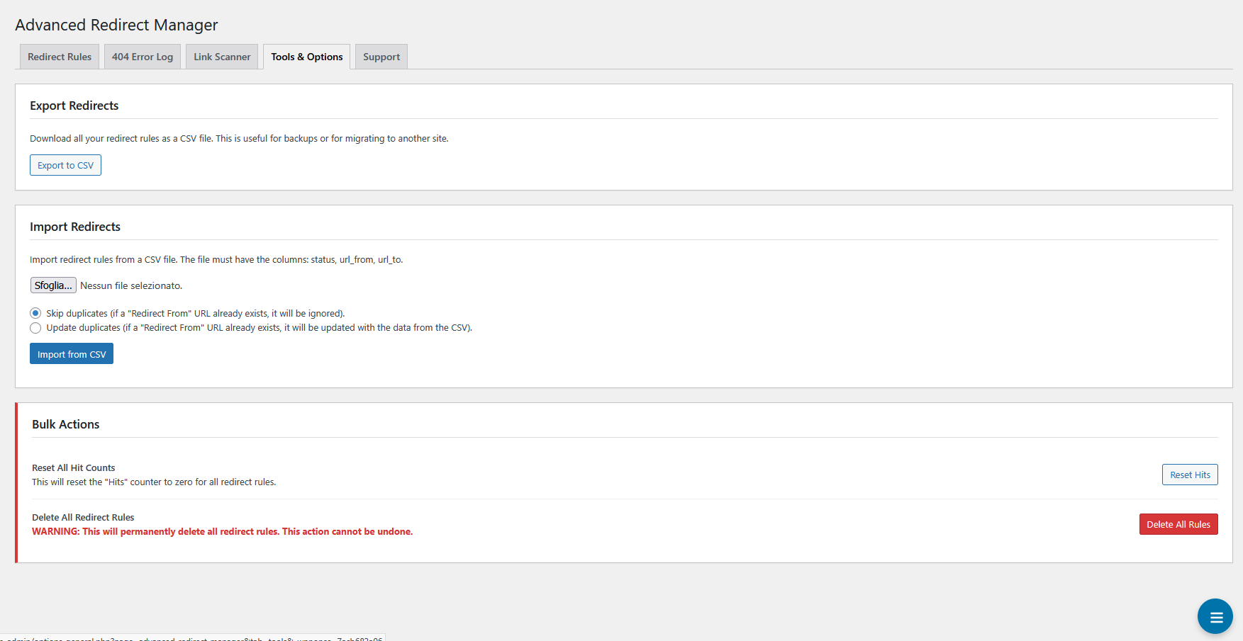 The Tools & Options page, allowing for easy CSV import/export of your redirect rules for backup or migration.