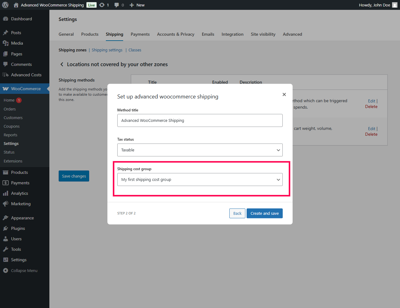 Choose Shipping Cost Group