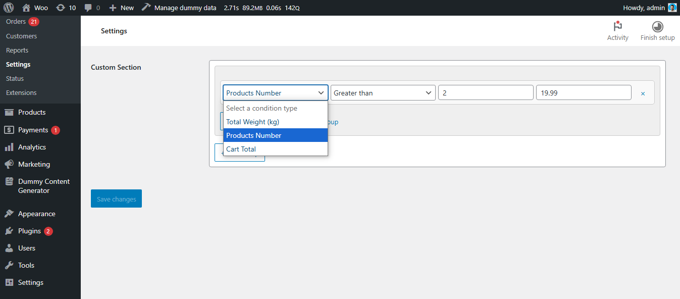 Choose conditions based on "Total Weight," "Number of Products," or "Cart Total."