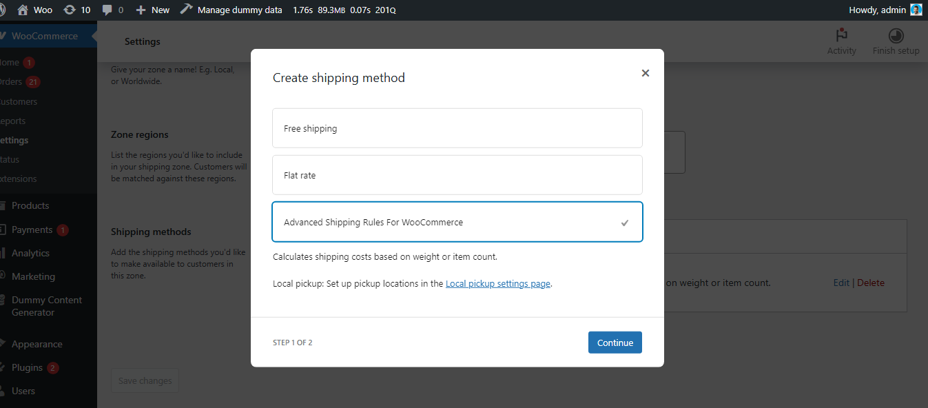 The custom shipping method, **Advanced Shipping Rules for WooCommerce**, is now available in WooCommerce's native shipping section and methods.