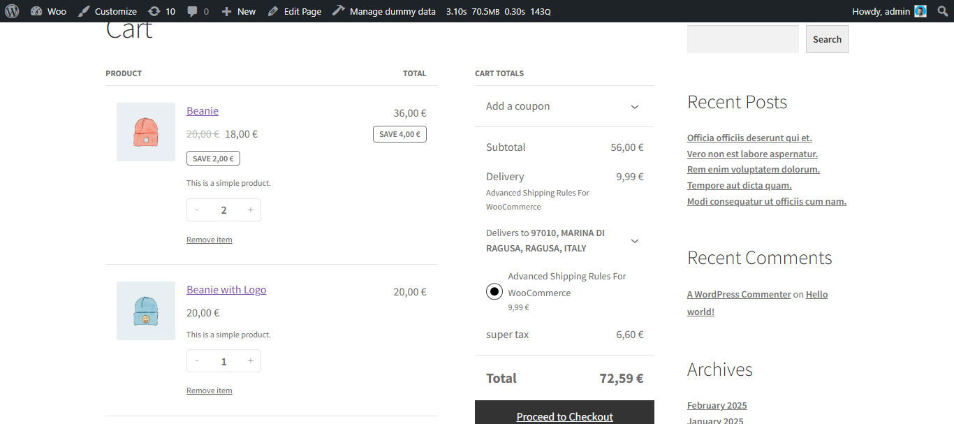 Display the delivery cost on the frontend based on your conditions. You can customize the text displayed for **Advanced Shipping Rules for WooCommerce** by changing the **Method Title**.