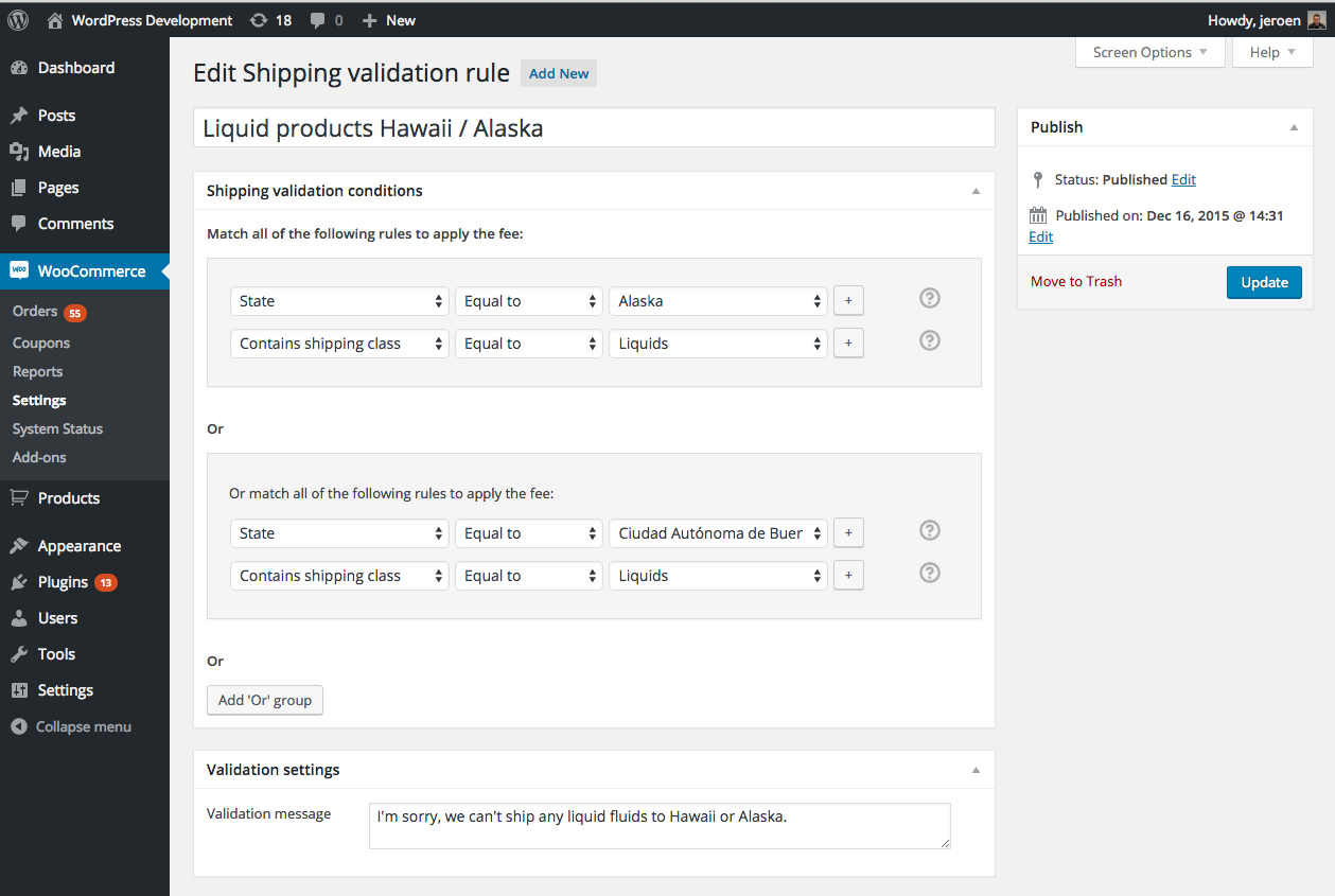 Back-end shipping validation setup