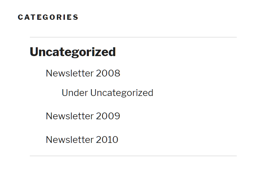 Example of a category menu ordered by title using the 2017 theme and default styles.