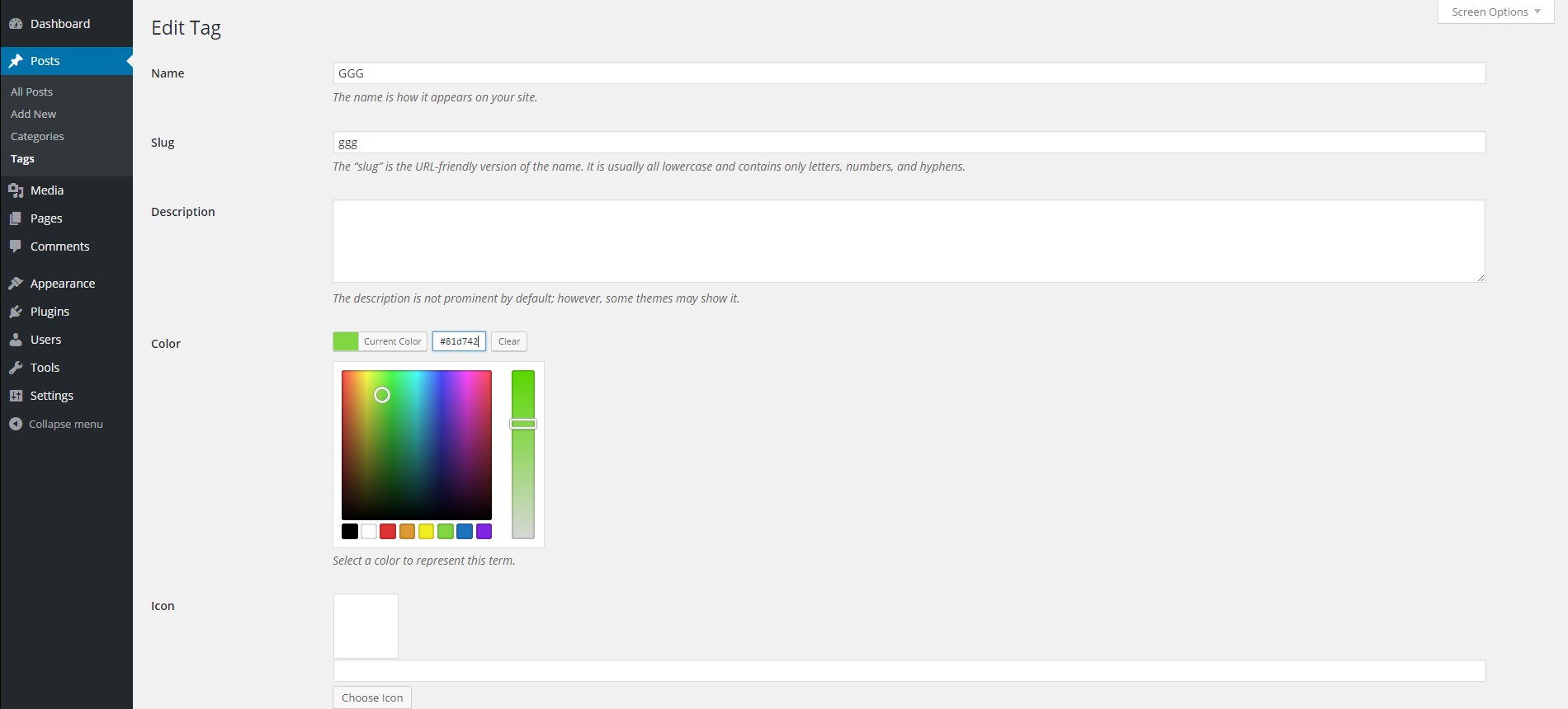 Color picker on the Edit Tag screen.