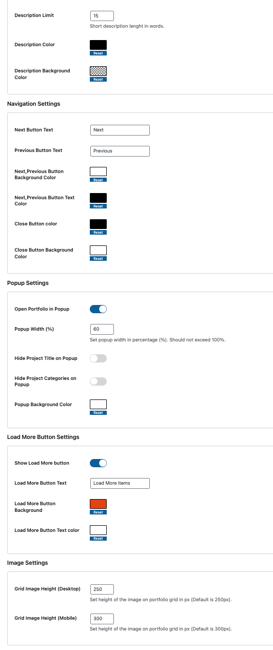 Admin settings panel