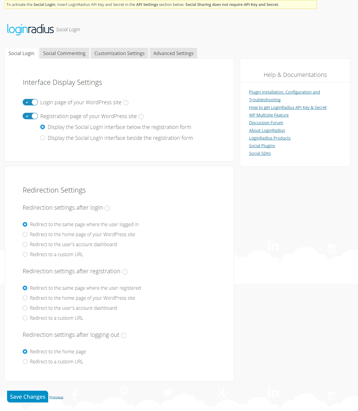 **Social Login Settings**: WordPress admin panel for customization of Social Login, Social Sharing and Social Commenting interfaces.