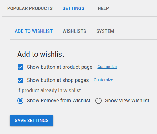 Settings page