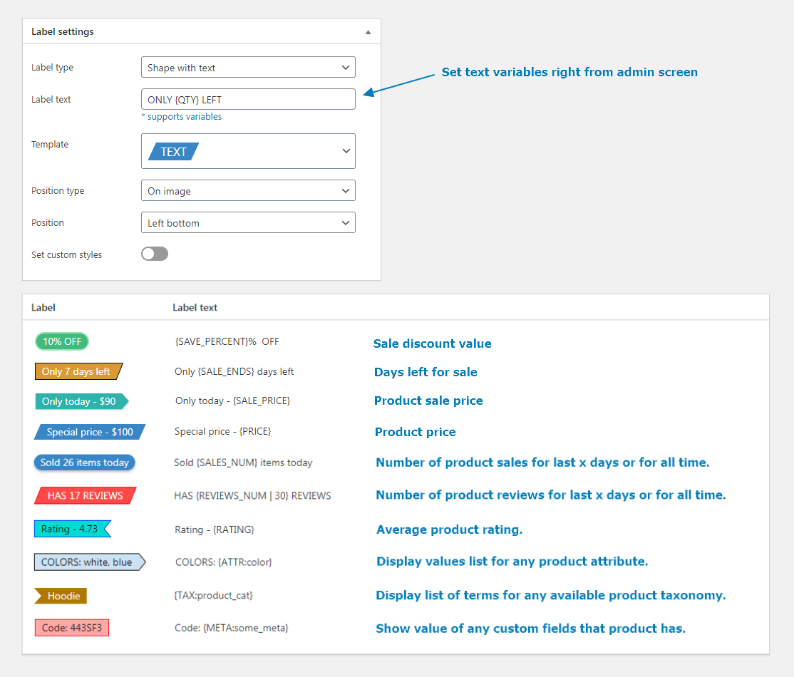 Labels conditions. Admin page