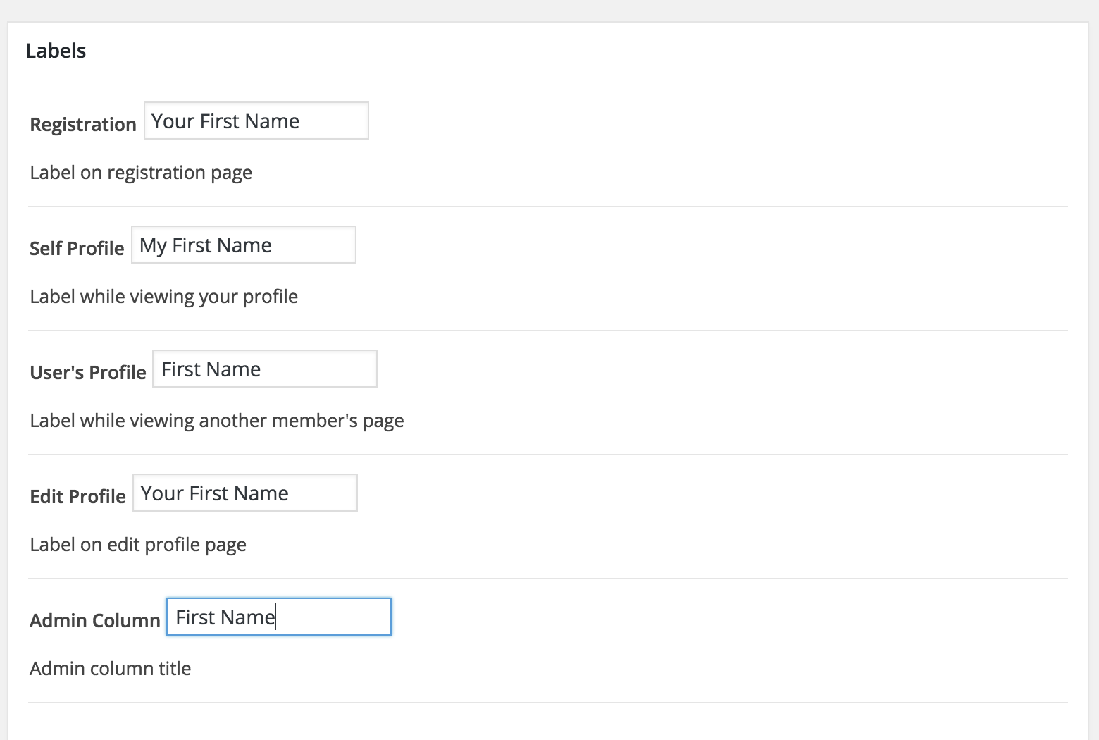 Profile field labels