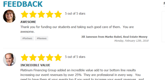 Example of reviews page created via shortcode